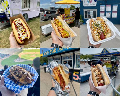 Clockwise from top left: Bright Side Kitchen’s Good Dog, Deek’s Dog House Kolbasa Smokie, Dug and Betty’s Don Juan, Shaw Park’s Goldie Dog, North Star Drive In’s Bacon Cheese Dog, Willy Dogs’ Smokie.