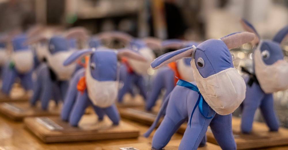 Longtime Jenny Revue volunteer Michelle Cook has hand sewn nearly 400 donkey trophies for the annual Jenny Awards. Last year’s version included medical masks and were made of hospital scrubs. (Supplied, Facebook)