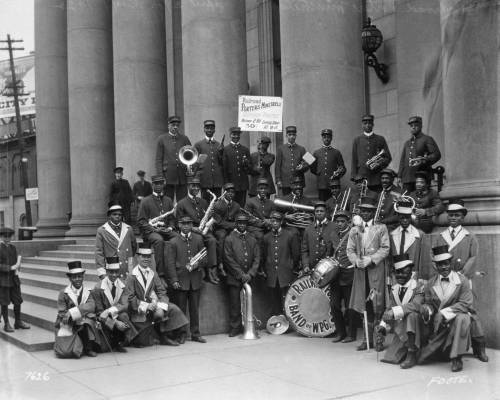 L.B. Foote / Province of Manitoba Archives
                                Members of the Railway Porters Union Band of Winnipeg pose in front of the Bank of Montreal. Founded in 1917, the Order of Sleeping Car Porters was one of the first Black-led unions in North America.