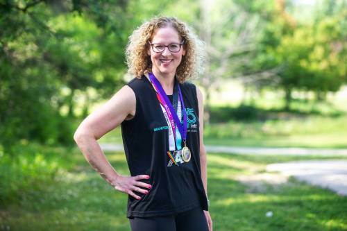 Photos by MIKAELA MACKENZIE / WINNIPEG FREE PRESS
                                Stacey Bazak has lost 100 pounds since taking up running and has won multiple medals in races.