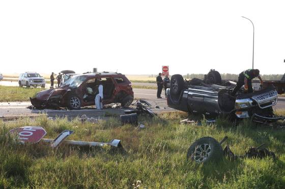Three people were taken to hospital after a crash involving three vehicles at the intersection of Hwy. 5 and the Trans-Canada Highway.  (Tim Smith / The Brandon Sun)