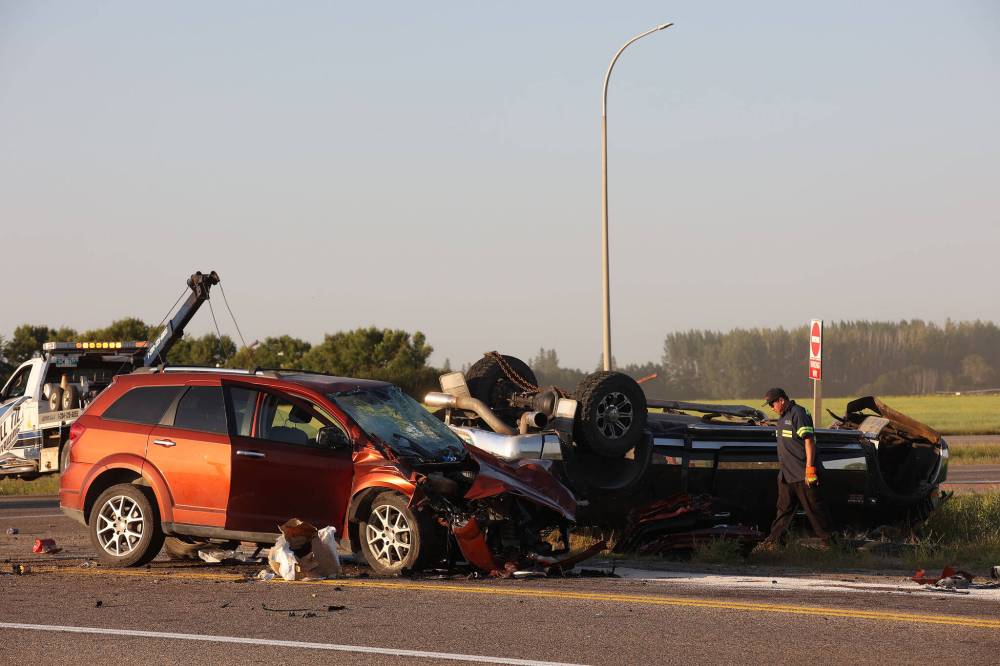 TIM SMITH / BRANDON SUN
The circumstances are eerily similar to the June 15 crash in which the southbound minibus was hit by an eastbound semi-trailer as the seniors were being taken on a day outing to the Carberry casino, south of the junction.