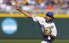 Florida starting pitcher Brandon Sproat throws against LSU in the first inning of Game 1 of the NCAA College World Series baseball finals in Omaha, Neb., Saturday, June 24, 2023. (AP Photo/Rebecca S. Gratz)