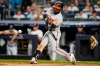 Baltimore Orioles' Cedric Mullins hits a double against the New York Yankees during the seventh inning of a baseball game Wednesday, July 5, 2023, in New York. (AP Photo/Frank Franklin II)