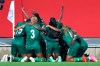 Zambian players celebrate after scoring their side's second goal during the women's international soccer match between Germany and Zambia at Sportpark Ronhof Thomas Sommer in Furth, Germany, Friday July 7, 2023. (Daniel Karmann/dpa via AP)