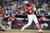 Miami Marlins' Jorge Soler hits a sacrifice fly to score Dane Myers during the fourth inning of a baseball game against the Philadelphia Phillies, Saturday, July 8, 2023, in Miami. (AP Photo/Lynne Sladky)