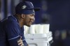 Tampa Bay Rays' Wander Franco watches from the dugout during the fifth inning of a baseball game against the Atlanta Braves, Saturday, July 8, 2023, in St. Petersburg, Fla. (AP Photo/Mike Carlson)