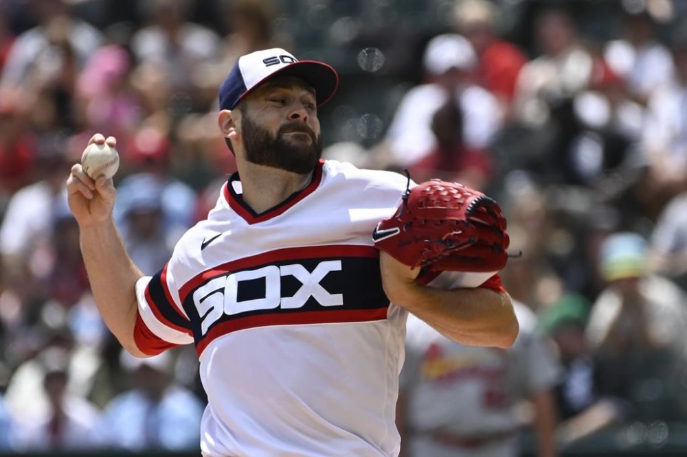 Chicago White Sox starting pitcher Lucas Giolito delivers during the first inning of a baseball game against the St. Louis Cardinals, Sunday, July 9, 2023, in Chicago. (AP Photo/Matt Marton)