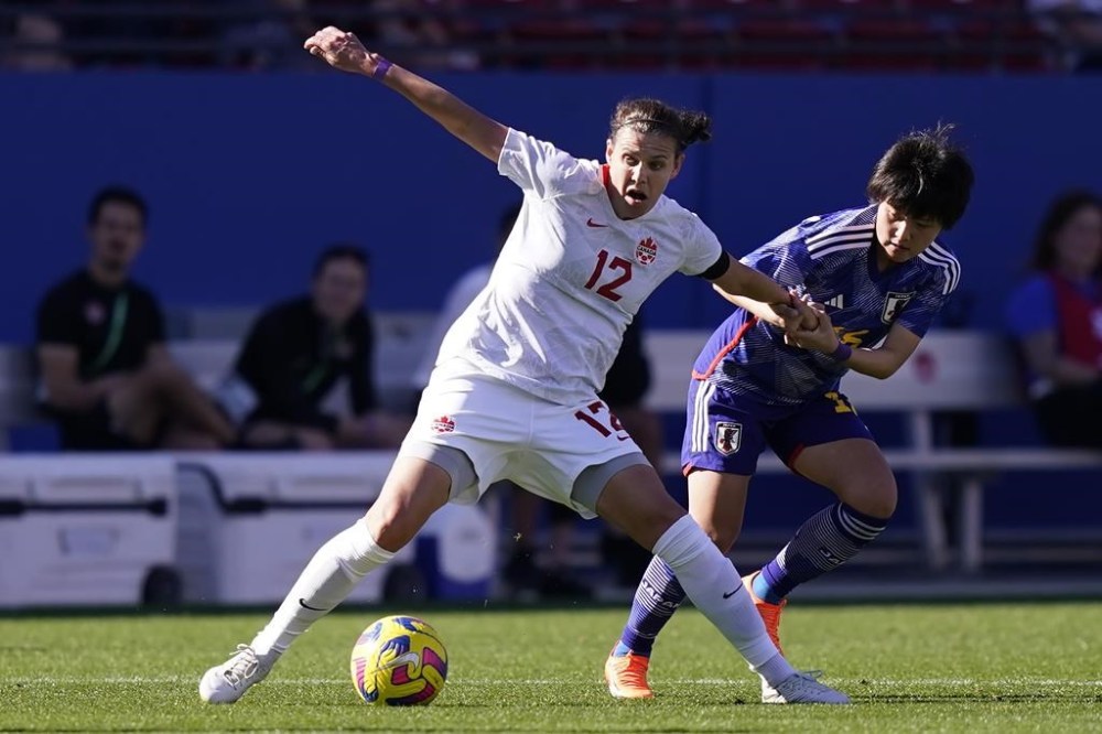 FILE - Canada forward Christine Sinclair, left, and Japan forward Mana Iwabuchi vie for control of the ball during the SheBelieves Cup soccer match Wednesday, Feb. 22, 2023, in Frisco, Texas. (AP Photo/LM Otero, File)