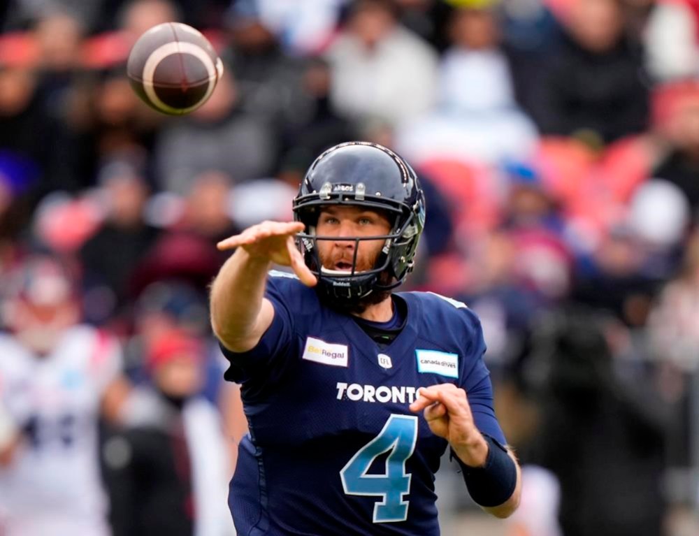 Toronto Argonauts quarterback McLeod Bethel-Thompson (4) throws the ball against the Montreal Alouettes during first half CFL Eastern Final football action in Toronto on Sunday, Nov. 13, 2022. The Ottawa Redblacks have reached out to Bethel-Thompson about a potential return to the CFL. THE CANADIAN PRESS/Frank Gunn