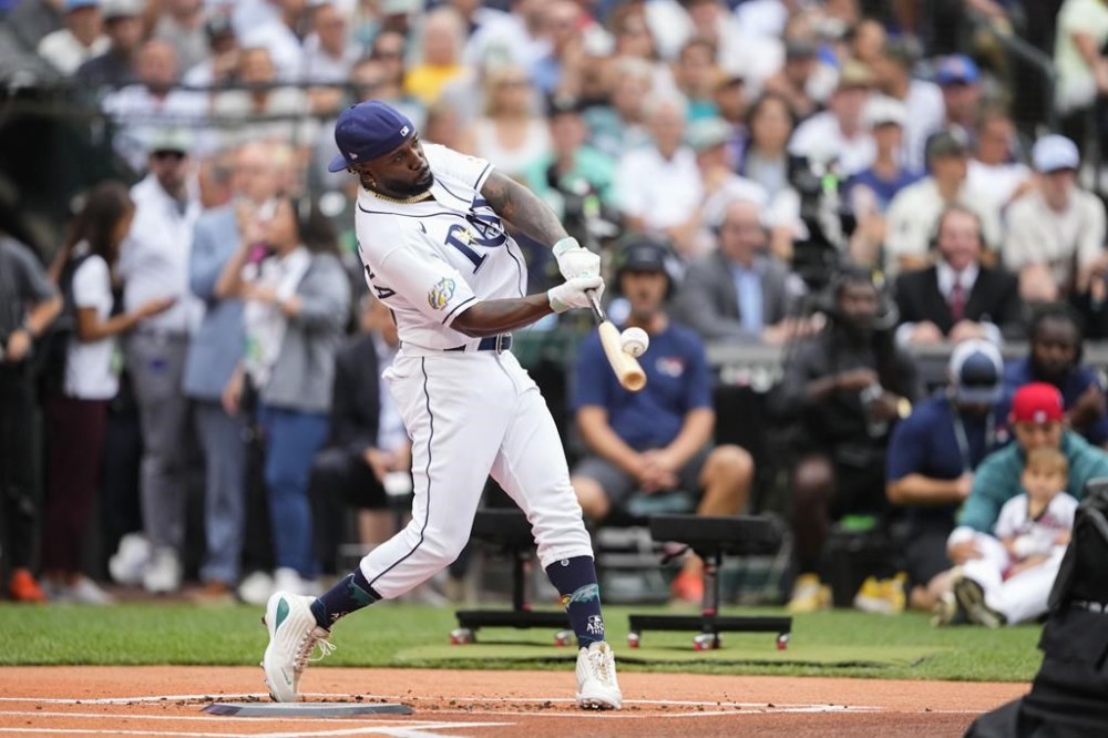 American League's Randy Arozarena, of the Tampa Bay Rays, hits during the first round of the MLB All-Star baseball Home Run Derby in Seattle, Monday, July 10, 2023. (AP Photo/Lindsey Wasson)