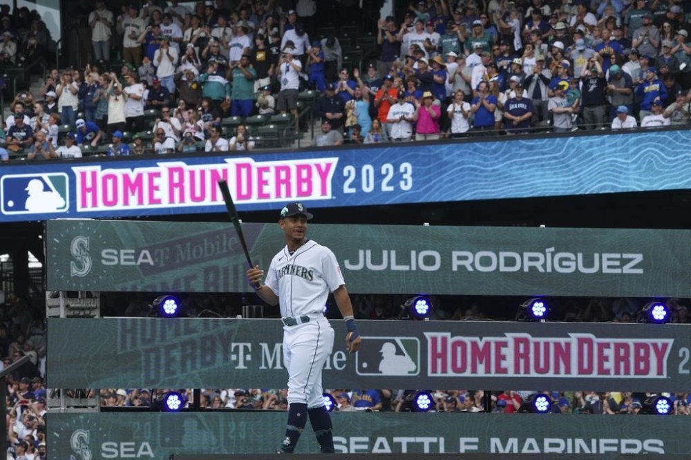 American League's Julio Rodriguez is introduced at the start of the MLB All-Star baseball Home Run Derby in Seattle, Monday, July 10, 2023. (AP Photo/Ted Warren)