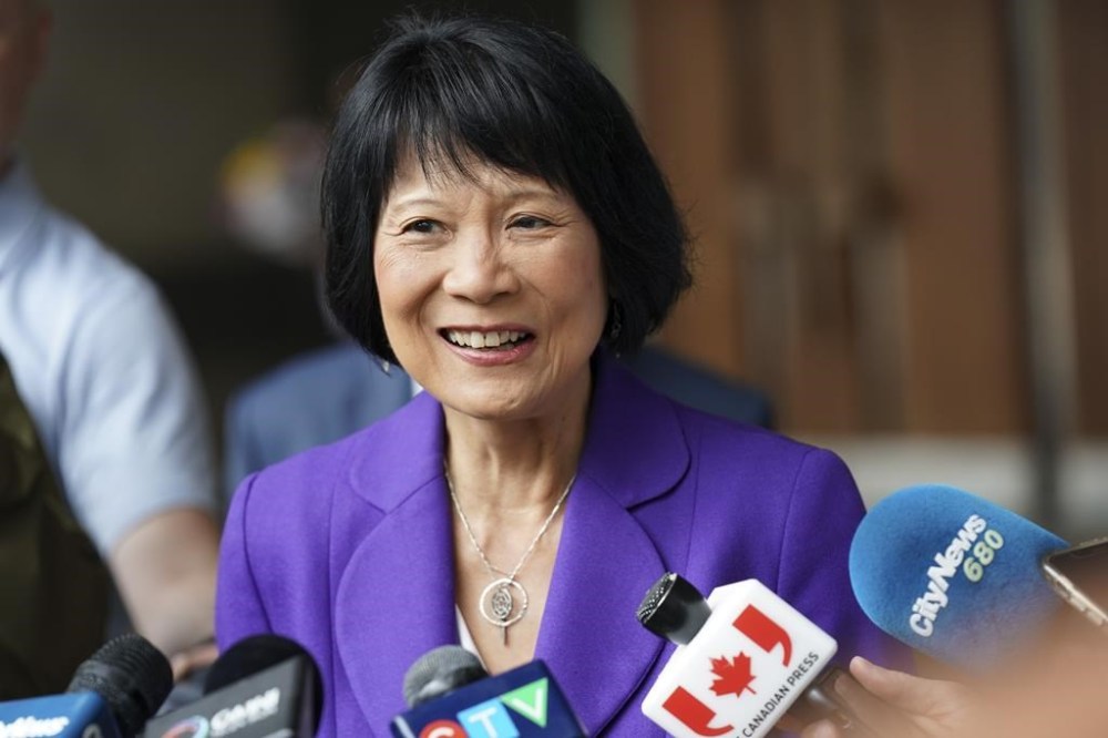 Toronto mayor-elect Olivia Chow speaks to media outside City Hall in Toronto, Tuesday, June 27, 2023. Olivia Chow will officially take office as mayor of Toronto today, becoming the first woman of colour to lead Canada's most populous city. THE CANADIAN PRESS/Arlyn McAdorey