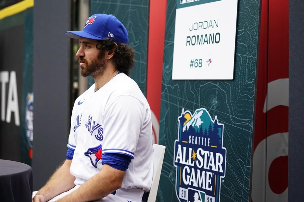 American League's Jordan Romano, of the Toronto Blue Jays, speaks during All-Star Game player availability, Monday, July 10, 2023, in Seattle. The All-Star Game will be played Tuesday, July 11. (AP Photo/Lindsey Wasson)