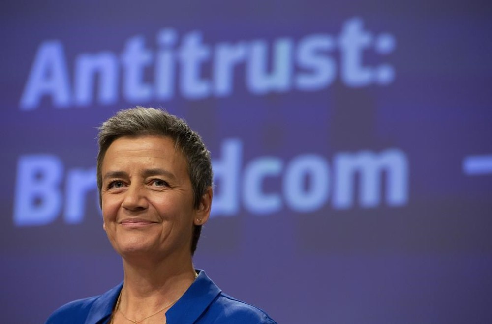FILE - European Commissioner for Competition Margrethe Vestager speaks during a media conference regarding an anti-trust decision on Broadcom at EU headquarters in Brussels, Wednesday, Oct. 16, 2019. Computer chip and software maker Broadcom's $61 billion proposed purchase of cloud technology company VMware got the green light on Wednesday, July 12, 2023, from European Union regulators who were satisfied by concessions to ease competition fears. (AP Photo/Virginia Mayo, File)