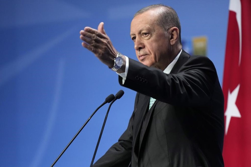 Turkish President Recep Tayyip Erdogan addresses a media conference during a NATO summit in Vilnius, Lithuania, Wednesday, July 12, 2023. NATO leaders gathered Wednesday to launch a highly symbolic new forum for ties with Ukraine, after committing to provide the country with more military assistance for fighting Russia but only vague assurances of future membership. (AP Photo/Pavel Golovkin)
