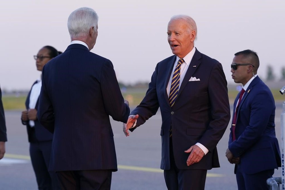 President Joe Biden greets U.S. Ambassador to Finland Douglas Hickey as he arrives on Air Force One at Helsinki-Vantaan International Airport in Helsinki, Finland, Wednesday, July 12, 2023. Biden attended the NATO Summit in Vilnius, Lithuania and is visiting Helsinki for a meeting with Nordic leaders. (AP Photo/Susan Walsh)
