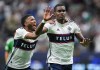 Vancouver Whitecaps' Pedro Vite, left, and Sergio Cordova celebrate Cordova's goal against Austin FC during the second half of an MLS soccer match in Vancouver, on Wednesday, July 12, 2023. THE CANADIAN PRESS/Darryl Dyck