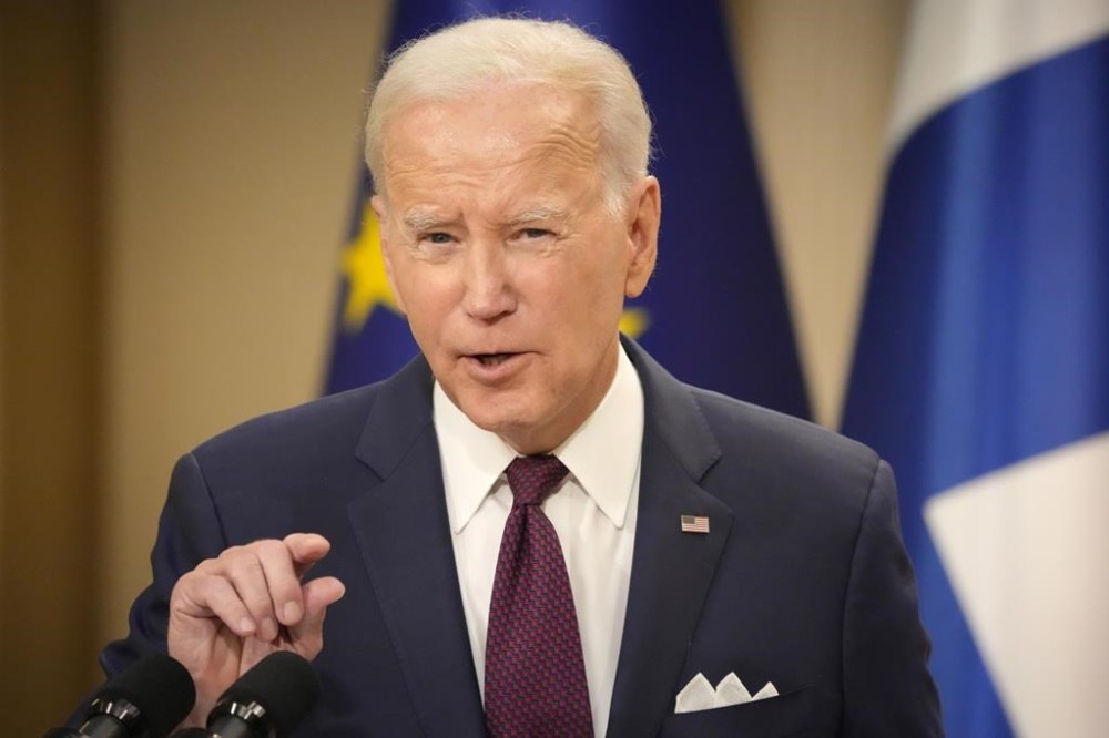 U.S. President Joe Biden gestures during a press conference in Helsinki, Finland, Thursday, July 13, 2023. Biden is in Finland to attend the US–Nordic Leaders' Summit. (AP Photo/Sergei Grits)