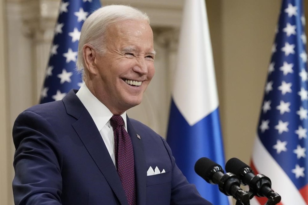 President Joe Biden smiles during a news conference with Finland's President Sauli Niinisto at the Presidential Palace in Helsinki, Finland, Thursday, July 13, 2023. (AP Photo/Susan Walsh)