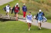 Bailey Tardy laughs with her caddie during the first round of the Toledo Classic golf tournament in Sylvania, Ohio, Thursday, July 13, 2023. (Rebecca Benson/The Blade via AP)