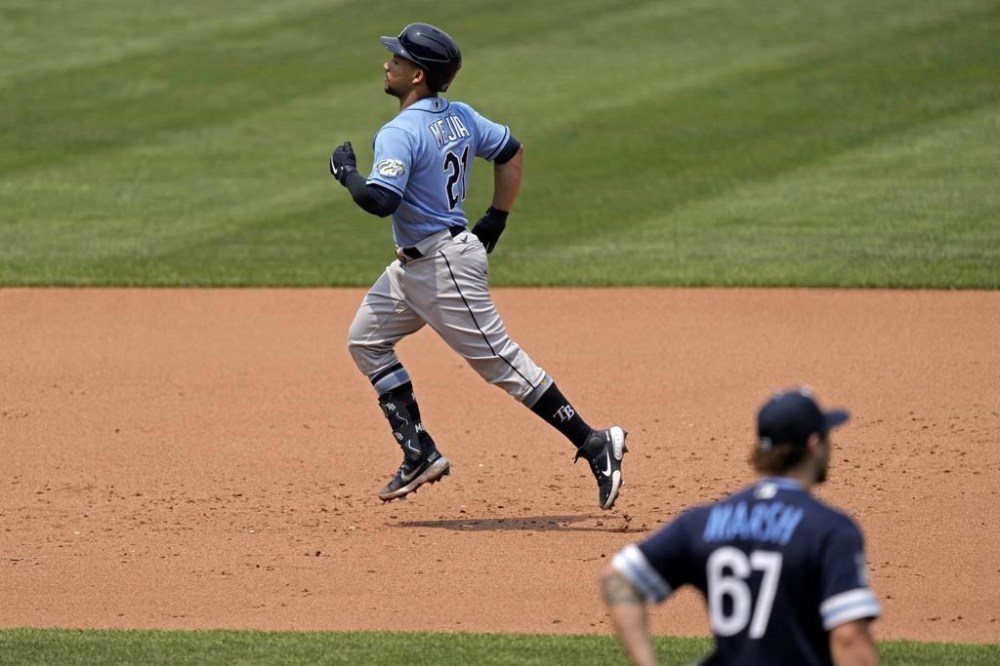 Tampa Bay Rays' Francisco Mejia rounds the bases past Kansas City Royals starting pitcher Alec Marsh (67) after hitting a solo home run during the fifth inning in the first game of a baseball doubleheader Saturday, July 15, 2023, in Kansas City, Mo. (AP Photo/Charlie Riedel)
