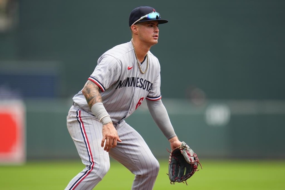 Minnesota Twins third baseman Jose Miranda waits for a pitch to the Baltimore Orioles in the second inning of a baseball game, Sunday, July 2, 2023, in Baltimore. (AP Photo/Julio Cortez)