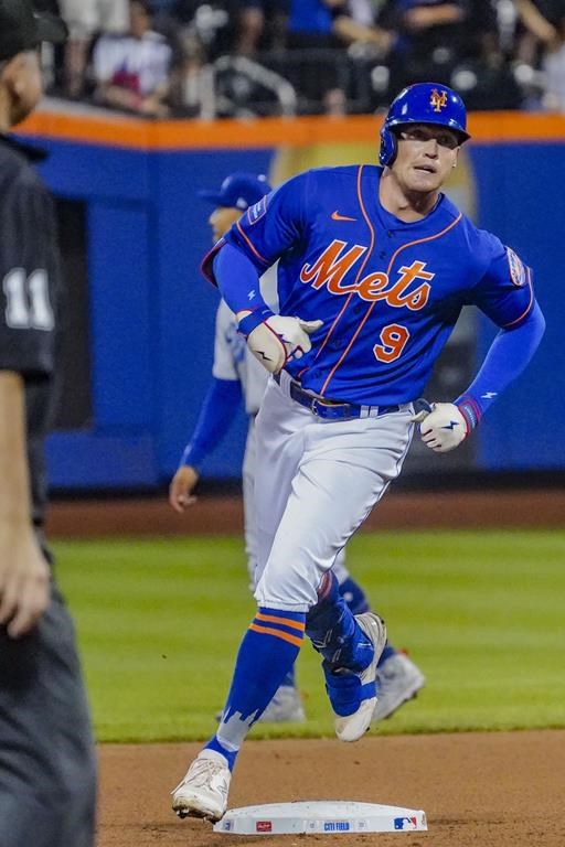 New York Mets' Brandon Nimmo runs the bases after his fourth-inning home run during a baseball game against Los Angeles Dodgers, Saturday, July 15, 2023, in New York. (AP Photo/Bebeto Matthews)