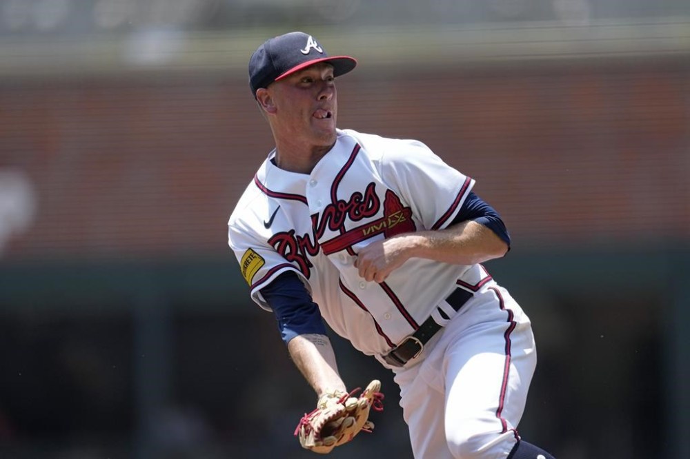 Atlanta Braves relief pitcher Kolby Allard works in the first inning of a baseball game against the Chicago White Sox, Sunday, July 16, 2023, in Atlanta. (AP Photo/John Bazemore)