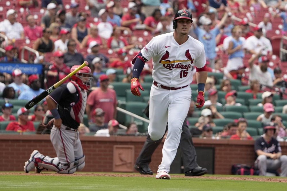 St. Louis Cardinals' Nolan Gorman (16) tosses his bat after hitting a solo home run during the fifth inning of a baseball game against the Washington Nationals Sunday, July 16, 2023, in St. Louis. (AP Photo/Jeff Roberson)