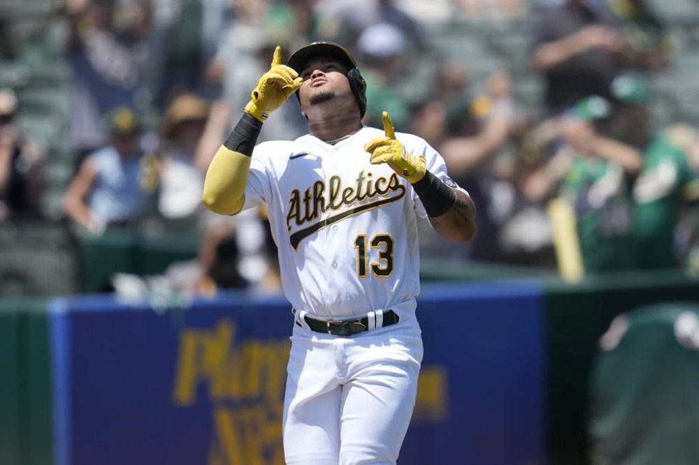 Oakland Athletics' Jordan Diaz gestures after hitting a home run against the Minnesota Twins during the second inning of a baseball game in Oakland, Calif., Sunday, July 16, 2023. (AP Photo/Jeff Chiu)