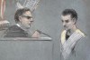 FILE - This artist depiction shows Massachusetts Air National Guardsman Jack Teixeira, right, appearing in U.S. District Court in Boston, April 14, 2023. Teixeira, who is accused of leaking secret military papers, on Monday, July 17, challenged a judge's decision that he remain behind bars, pointing to the pretrial release of former President Donald Trump and others charged in high-profile classified documents cases. (Margaret Small via AP, File)