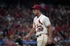 St. Louis Cardinals starting pitcher Steven Matz walks off the field after being removed during the fifth inning in the second game of a baseball doubleheader against the Washington Nationals Saturday, July 15, 2023, in St. Louis. (AP Photo/Jeff Roberson)