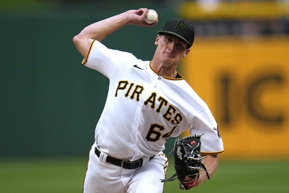 Pittsburgh Pirates starting pitcher Quinn Priester delivers during the second inning of his major league debut in a baseball game against the Cleveland Guardians in Pittsburgh, Monday, July 17, 2023. (AP Photo/Gene J. Puskar)