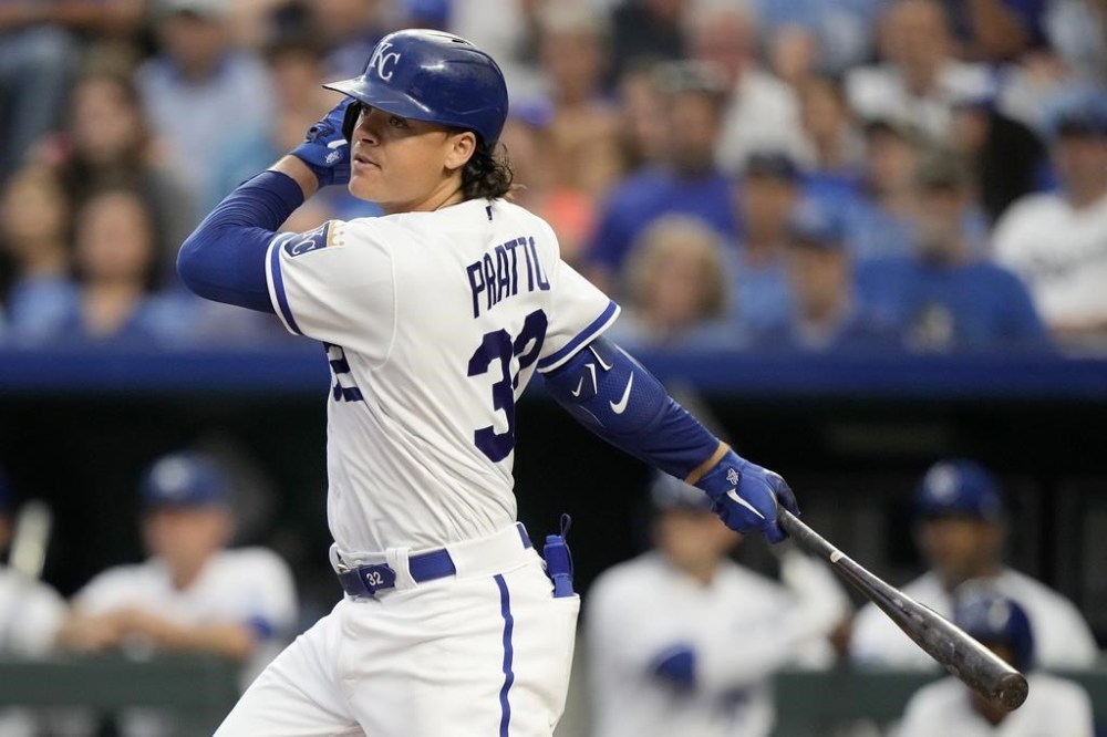 Kansas City Royals' Nick Pratto watches his RBI single during the fourth inning of a baseball game against the Detroit Tigers Monday, July 17, 2023, in Kansas City, Mo. (AP Photo/Charlie Riedel)