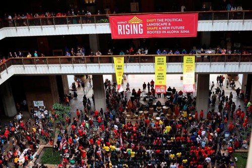 Opponents of the Thirty Meter Telescope rally at the Hawaii state Capitol on January 15, 2020 in Honolulu as lawmakers gathered for the opening day of the state Legislature. Canada is under fire for its support of a controversial telescope slated for development on Hawai'i Island over allegations the project violates Indigenous rights. THE CANADIAN PRESS/AP, Audrey McAvoy