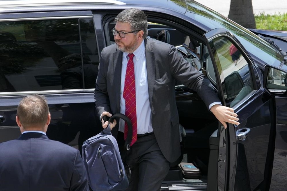 Defense attorney Stanley Woodward, who is representing Walt Nauta, a valet to former President Donald Trump, arrives at the Alto Lee Adams Sr. U.S. Courthouse for a pretrial conference to discuss procedures for handling classified information, Tuesday, July 18, 2023, in Fort Pierce, Fla. Nauta is charged with helping the ex-president hide classified documents the Justice Department wanted back. (AP Photo/Lynne Sladky)
