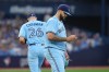Toronto Blue Jays starting pitcher Alek Manoah reacts during fourth inning Interleague MLB baseball action against the San Diego Padres in Toronto on Tuesday, July 18, 2023. THE CANADIAN PRESS/Chris Young