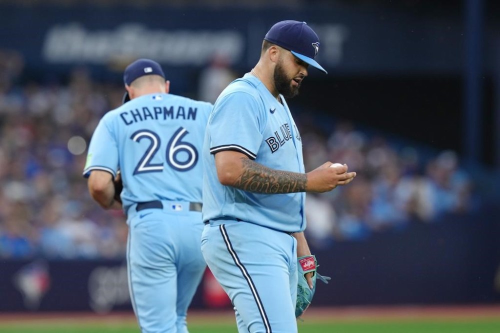 Toronto Blue Jays starting pitcher Alek Manoah reacts during fourth inning Interleague MLB baseball action against the San Diego Padres in Toronto on Tuesday, July 18, 2023. THE CANADIAN PRESS/Chris Young