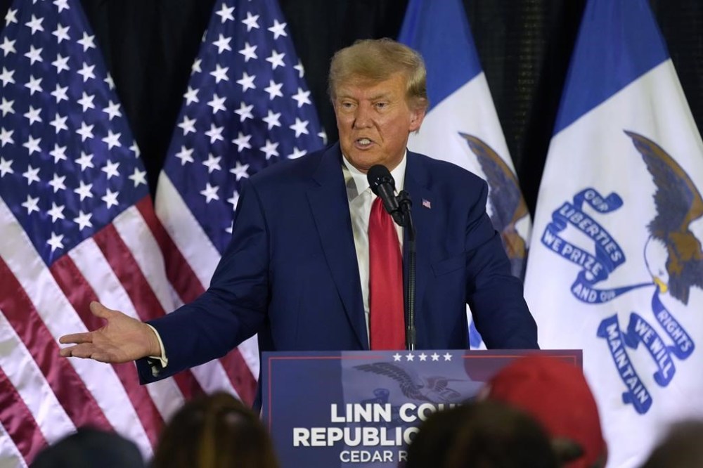 CORRECTS CITY AND LOCATION - Former President Donald Trump speaks to campaign volunteers at the Elks Lodge, Tuesday, July 18, 2023, in Cedar Rapids, Iowa. (AP Photo/Charlie Neibergall)