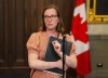 Social Development Minister Development Karina Gould speaks to reporters in the foyer of the House of Commons on Parliament Hill in Ottawa on Thursday, June 15, 2023. A coalition of grassroots groups says Canada won't meet goals it set for 2030 as part of a United Nations initiative to bridge inequities around the world. THE CANADIAN PRESS/Sean Kilpatrick