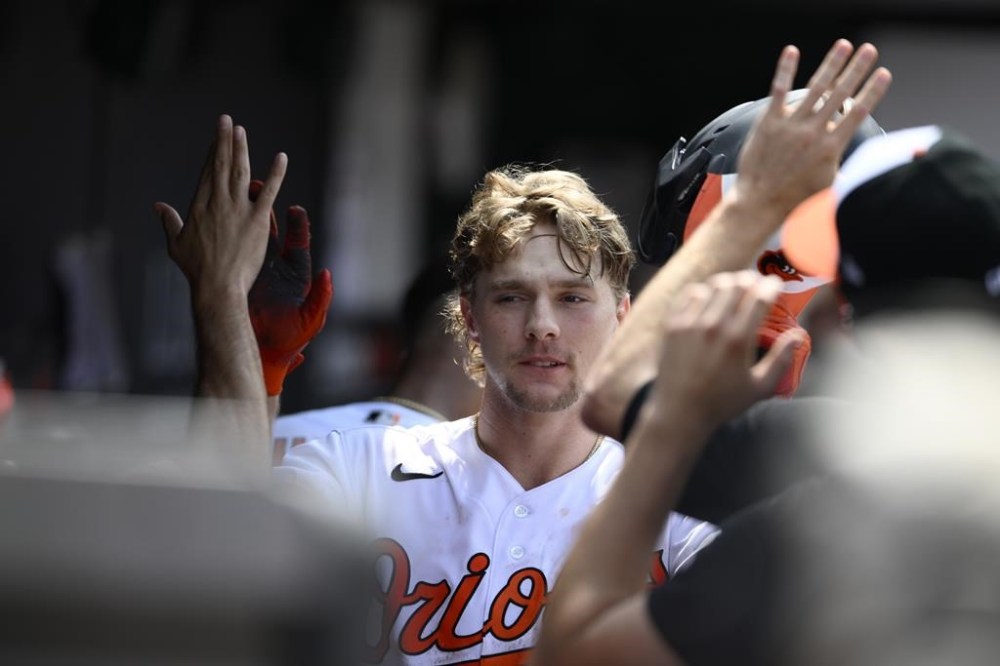 Baltimore Orioles' Gunnar Henderson celebrates his home run during the fifth inning of a baseball game against the Los Angeles Dodgers, Wednesday, July 19, 2023, in Baltimore. (AP Photo/Nick Wass)