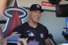 New York Yankees' Aaron Judge speaks to reporters before a baseball game against the Los Angeles Angels in Anaheim, Calif., Wednesday, July 19, 2023. (AP Photo/Ashley Landis)