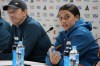 Australia's captain Sam Kerr, right, and head coach Tony Gustavsson attend a press conference at Stadium Australia in Sydney, Australia, Wednesday, July 19, 2023, ahead of their opening Women's World Cup soccer match against Ireland, Thursday. (AP Photo/Rick Rycroft)