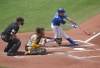 Toronto Blue Jays Jordan Luplow hits an RBI single infant San Diego Padres catcher Gary Sanchez during second inning interleague MLB baseball action in Toronto on Thursday July 20, 2023. THE CANADIAN PRESS/Chris Young