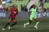 Canada's Ashley Lawrence, left, and Nigeria's Antionette Payne battle for the ball during the Women's World Cup Group B soccer match between Nigeria and Canada in Melbourne, Australia, Friday, July 21, 2023. (AP Photo/Hamish Blair)