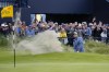 United States' Scottie Scheffler plays out of a bunker on the 18th green during the second day of the British Open Golf Championships at the Royal Liverpool Golf Club in Hoylake, England, Friday, July 21, 2023. (AP Photo/Jon Super)