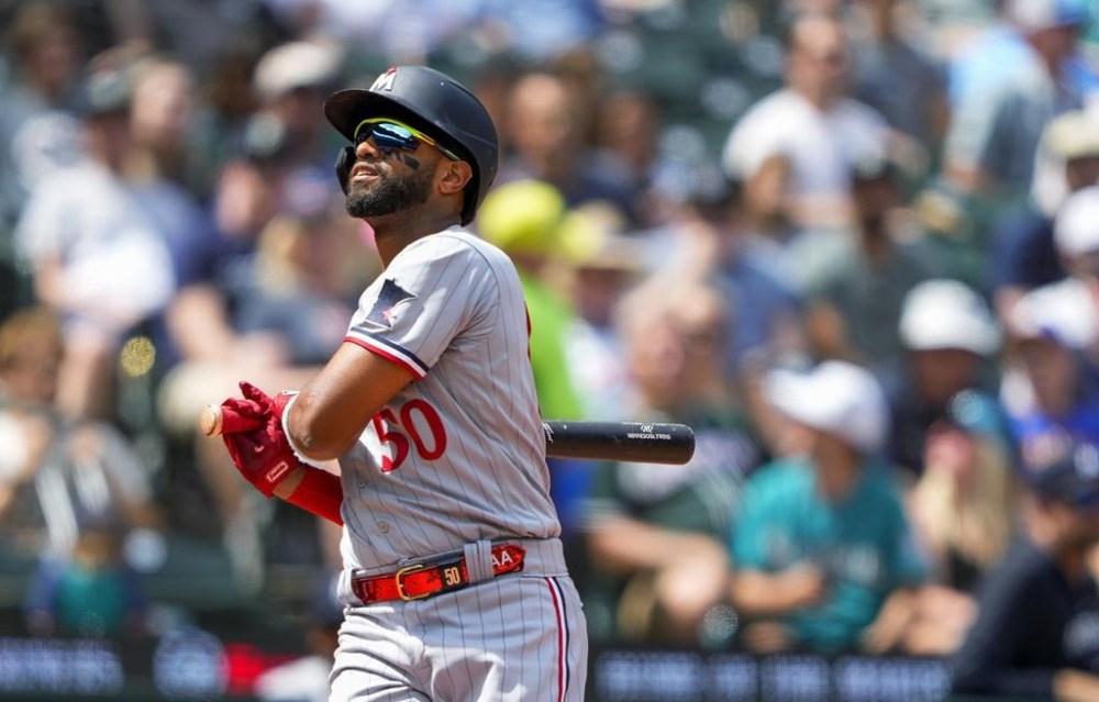 Minnesota Twins' Willi Castro strikes out swinging against the Seattle Mariners during the seventh inning of a baseball game Thursday, July 20, 2023, in Seattle. (AP Photo/Lindsey Wasson)