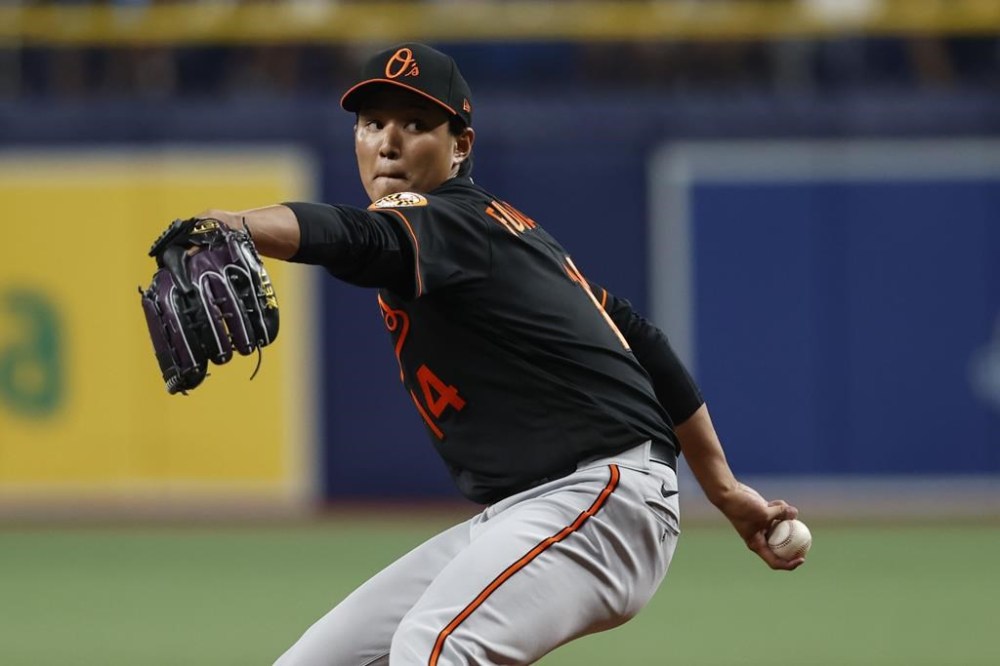 Baltimore Orioles relief pitcher Shintaro Fujinami throws to a Tampa Bay Rays batter during the seventh inning of a baseball game Friday, July 21, 2023, in St. Petersburg, Fla. (AP Photo/Scott Audette)