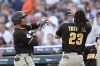 San Diego Padres' Juan Soto celebrates his home with with San Fernando Tatis Jr. (23) against the Detroit Tigers in the first inning of a baseball game, Friday, July 21, 2023, in Detroit. (AP Photo/Paul Sancya)
